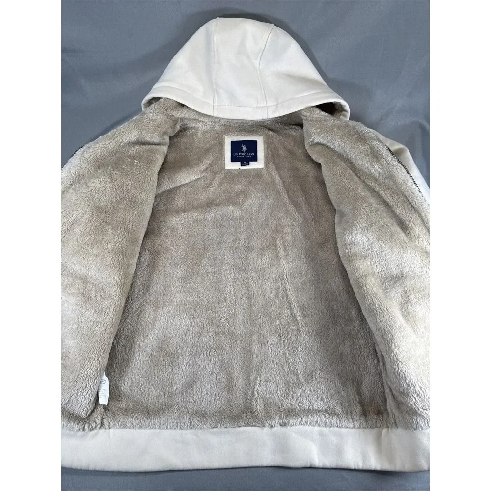 US Polo Assn Sz Medium Oatmeal Colored Sherpa‎ Fur Fleece Hoodie Jacket Pockets